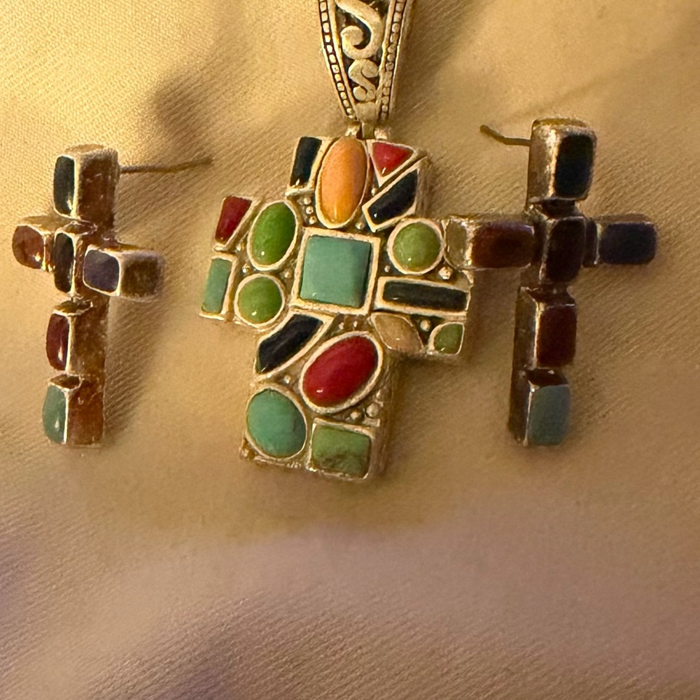 Vintage .925 Silver Multicolor Gemstone Cross Pendant with earrings